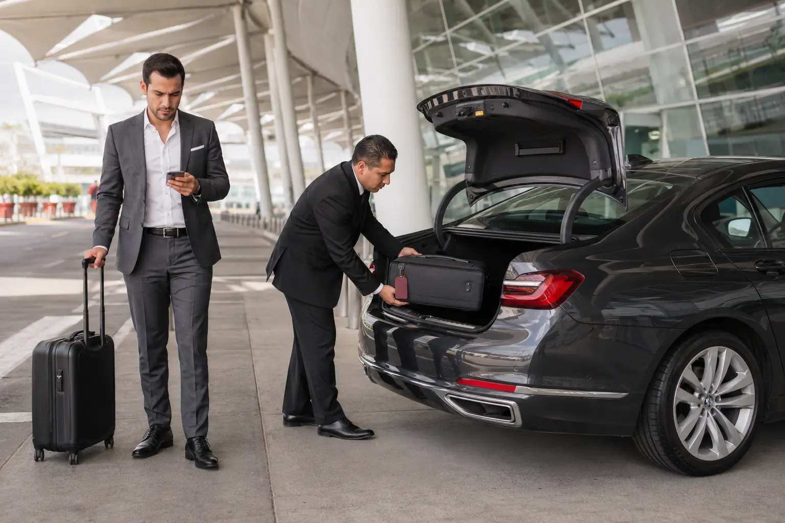 Conductor profesional asistiendo a un ejecutivo durante un traslado de aeropuerto