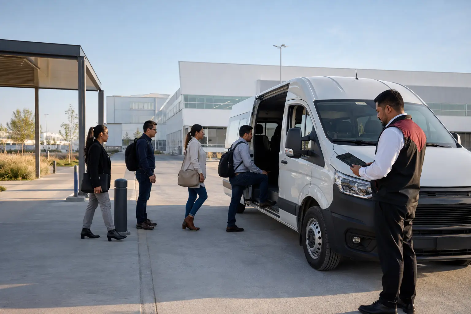 Personal corporativo abordando una unidad con revisión previa del conductor